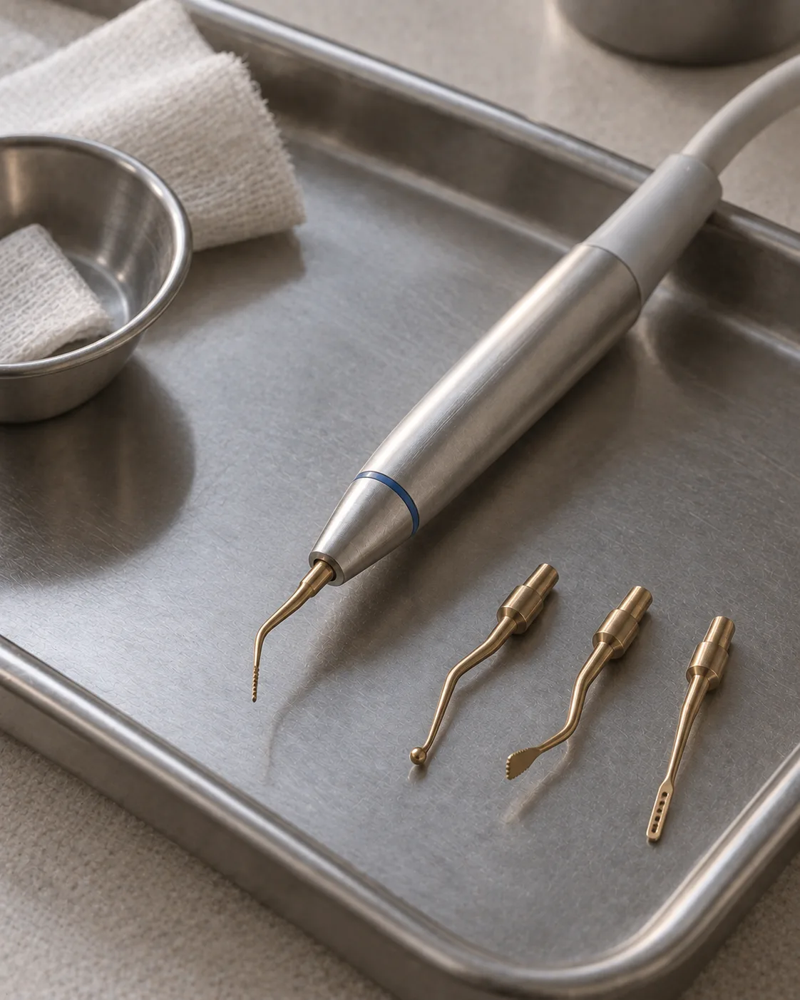 A piezosurgery handpiece with three fine ultrasonic tips on a steel tray