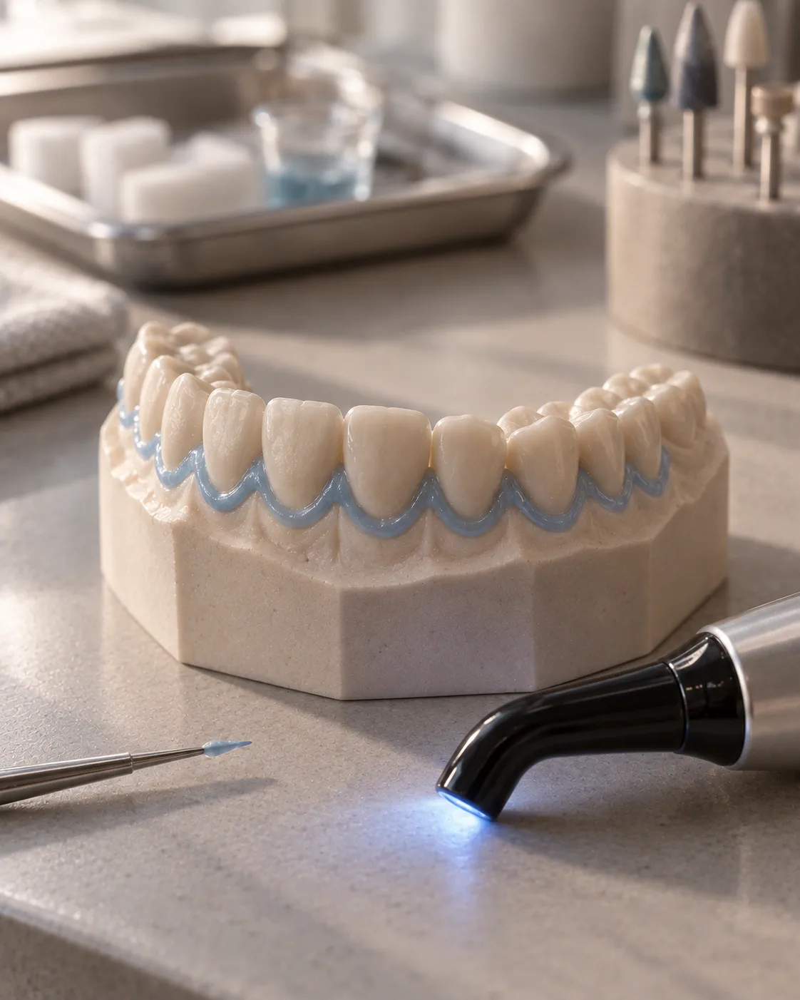 A dental model with a thin band of resin gum barrier along the gum line, a curing light beside it