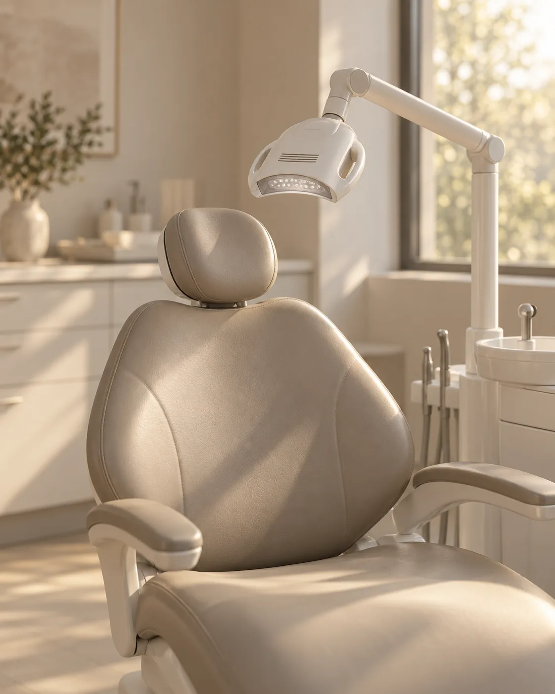 A whitening lamp on its arm folded beside the headrest of an empty treatment chair