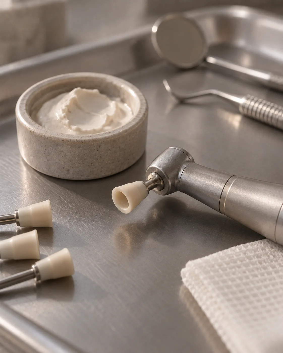 A soft rubber polishing cup on a slow handpiece beside a pot of polishing paste