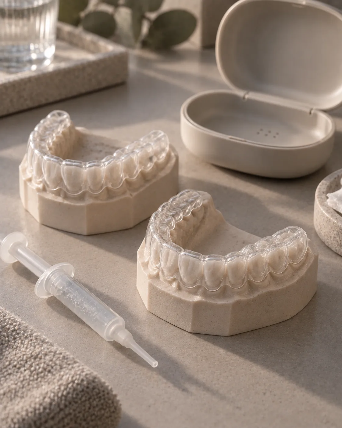 Custom whitening trays on their plaster models, an open case and a syringe of gel beside them