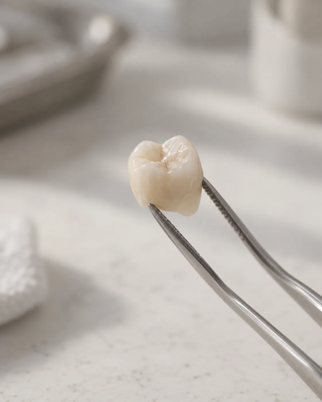 An acrylic temporary crown held in fine tweezers above a clean worktop