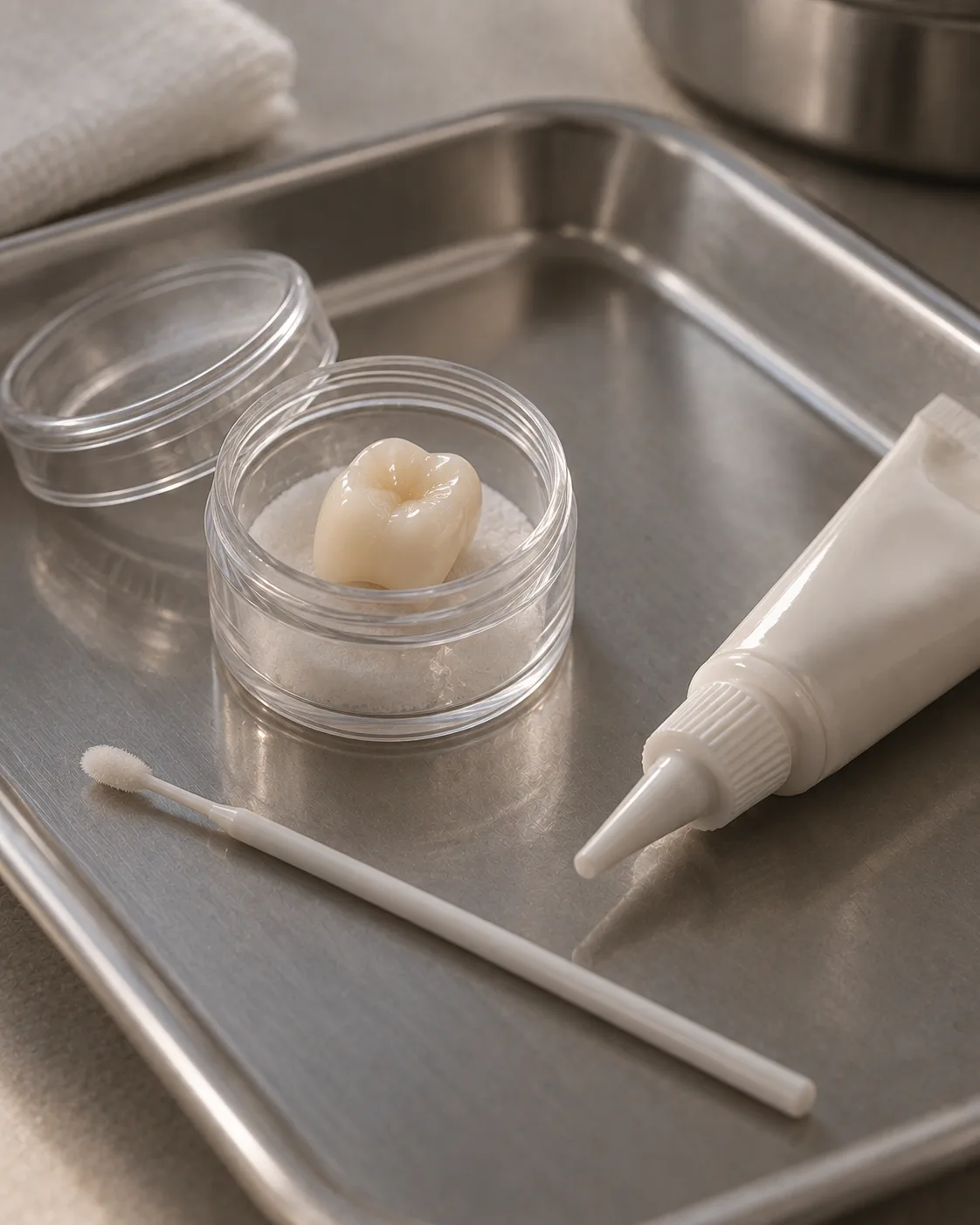 A temporary crown in a specimen pot beside a tube of temporary cement and an applicator