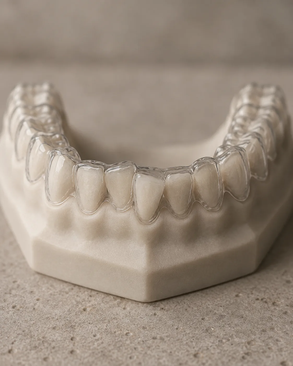 A clear aligner seated over a printed model of a crowded lower arch