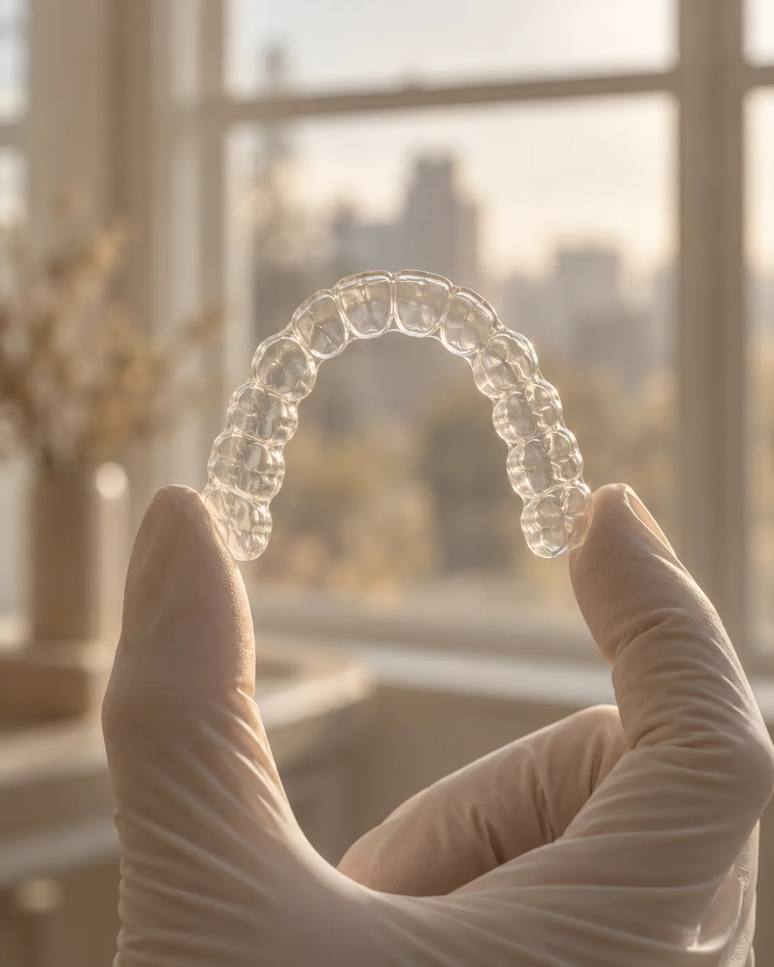 A clear aligner held up to the window between gloved fingertips