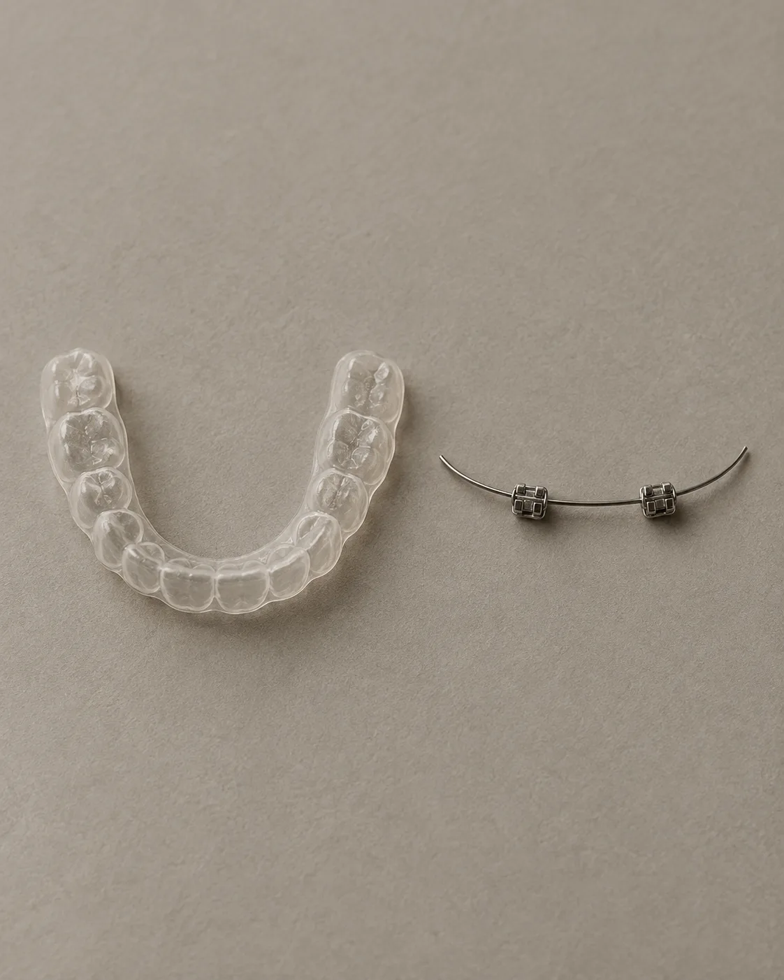 A clear aligner tray and a length of orthodontic wire with brackets, laid side by side