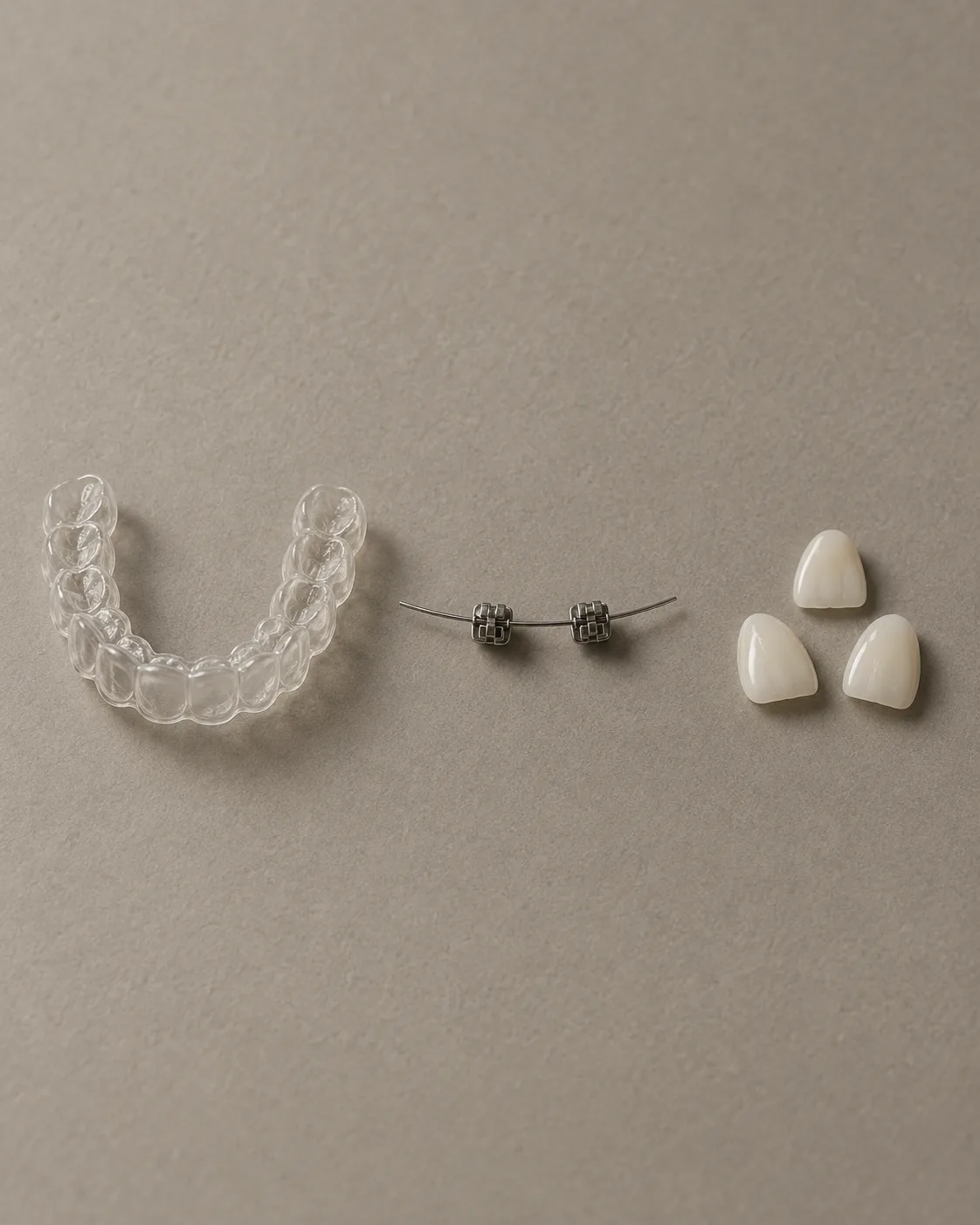 A clear aligner tray, a length of orthodontic wire with brackets and three porcelain veneer shells laid out for comparison