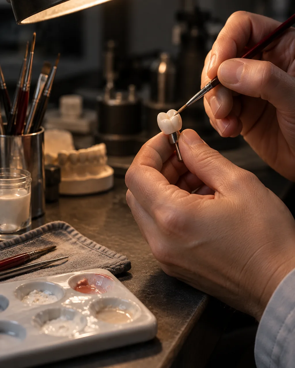 A technician's hands layering ceramic onto a crown with a fine brush under a bench lamp