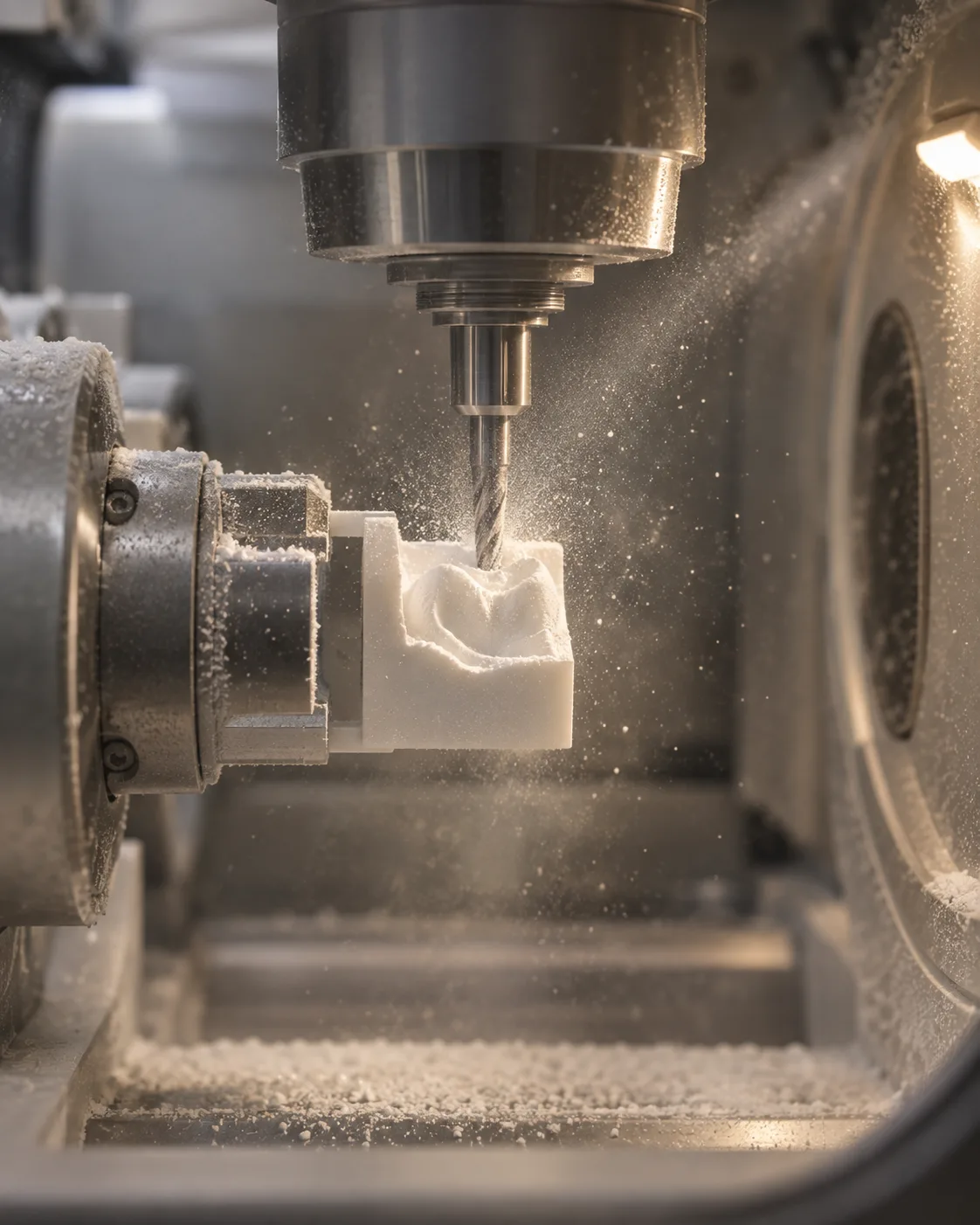 A milling burr cutting a crown from a ceramic block, dust caught in the light
