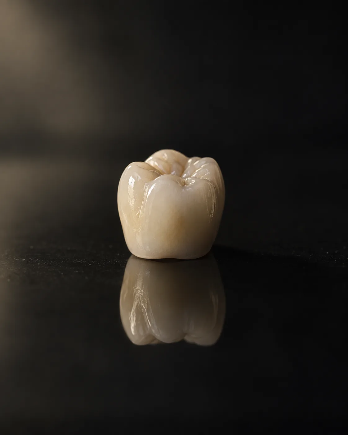 A finished all-ceramic crown standing on black glass with its own reflection