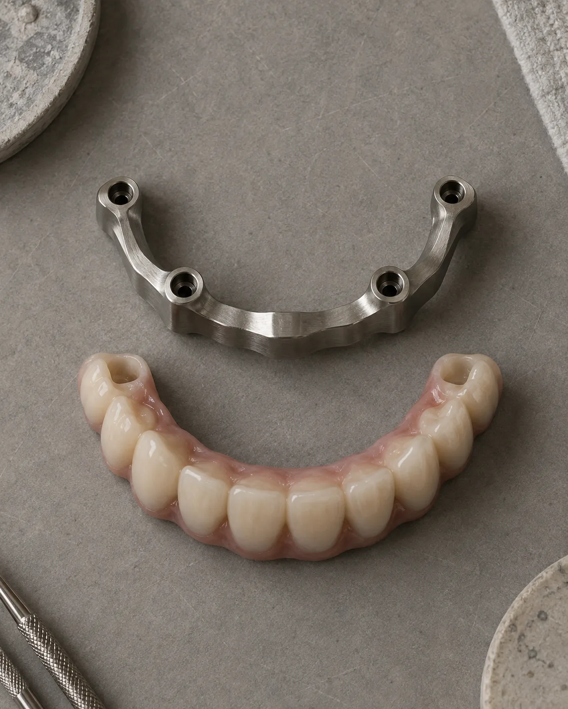 A titanium bar and a finished acrylic-and-ceramic prosthesis side by side on a bench