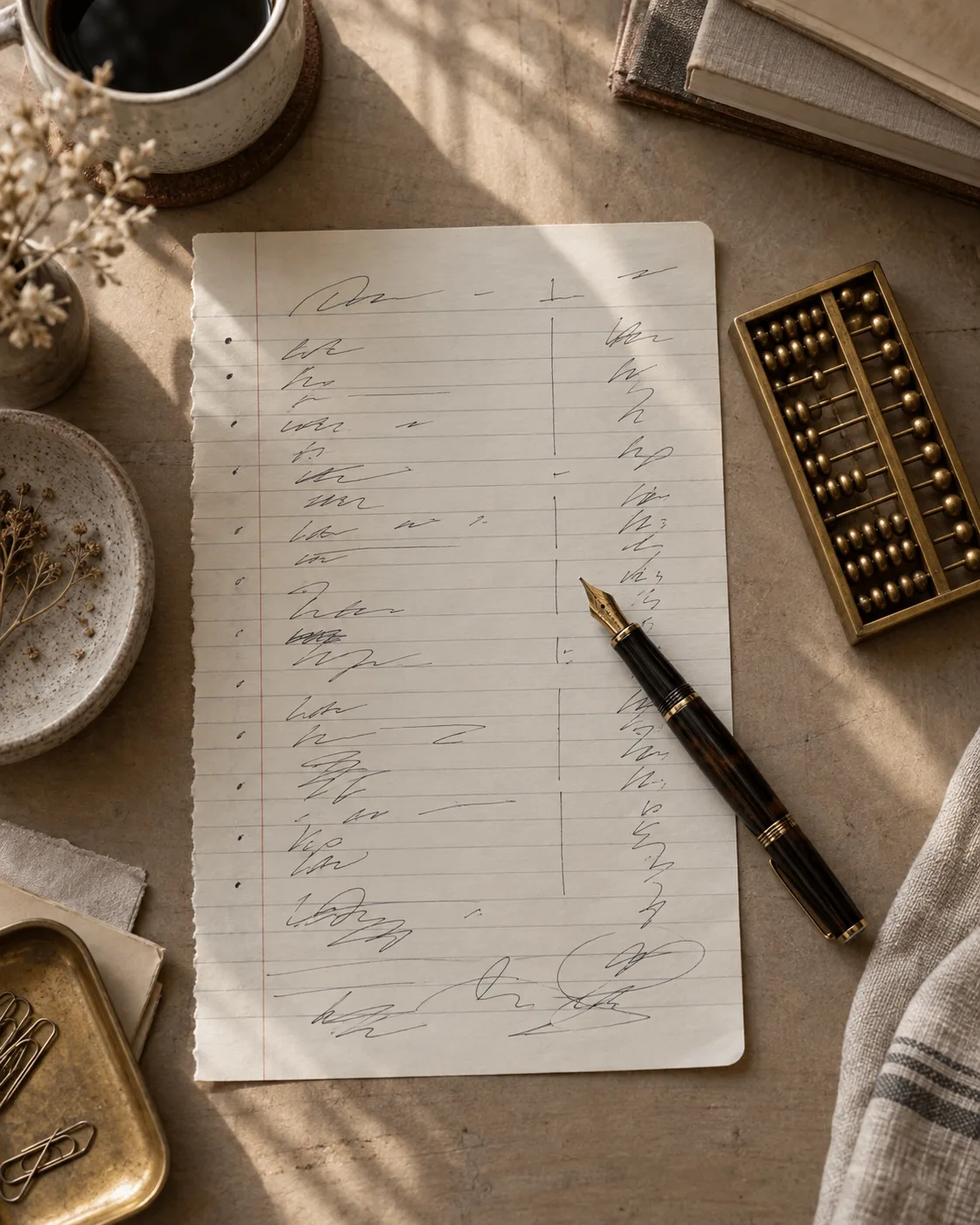 An itemised cost breakdown handwritten on ruled paper beside a fountain pen and a brass abacus