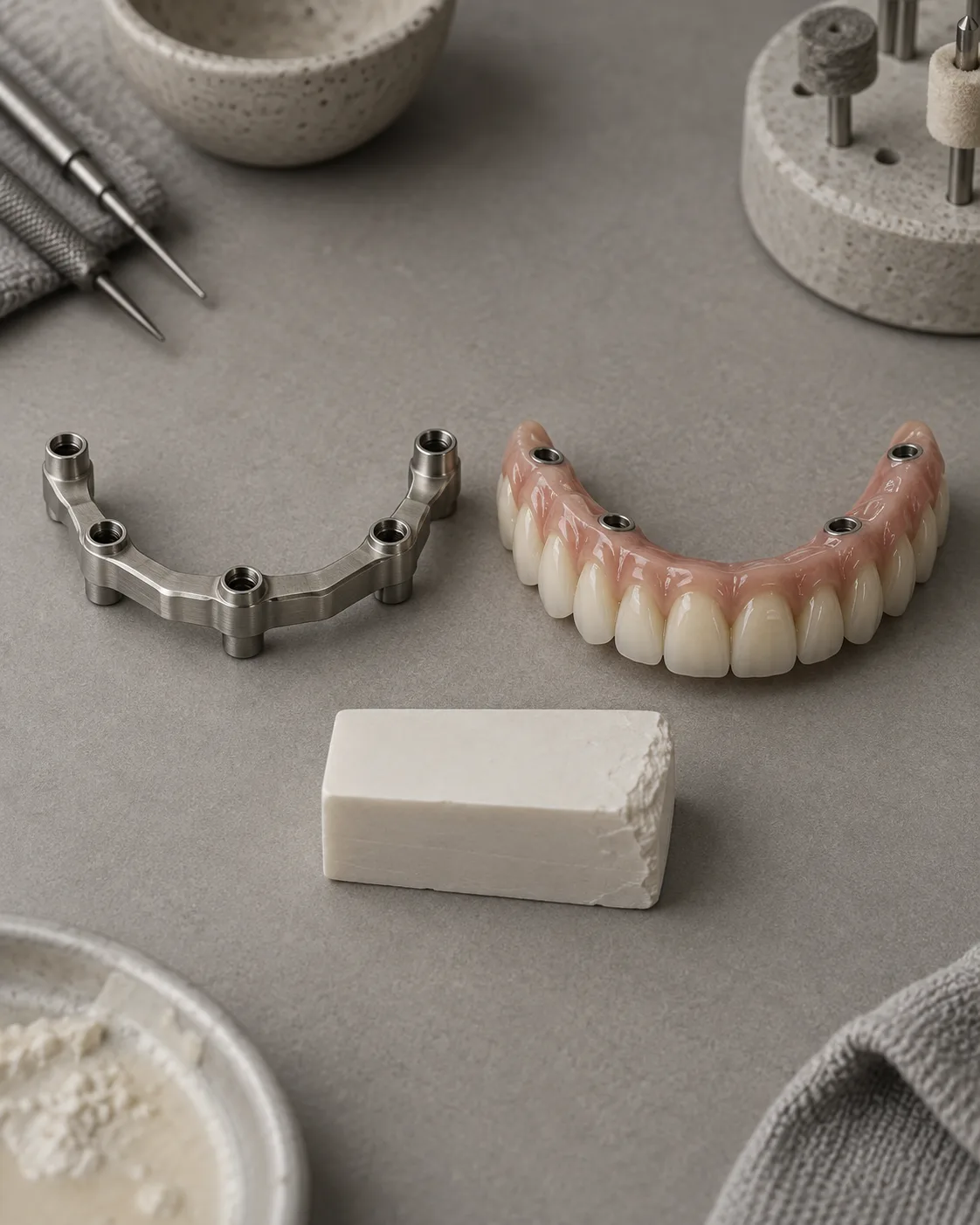 A titanium bar, a finished full-arch prosthesis and a block of raw zirconium on a technician's bench