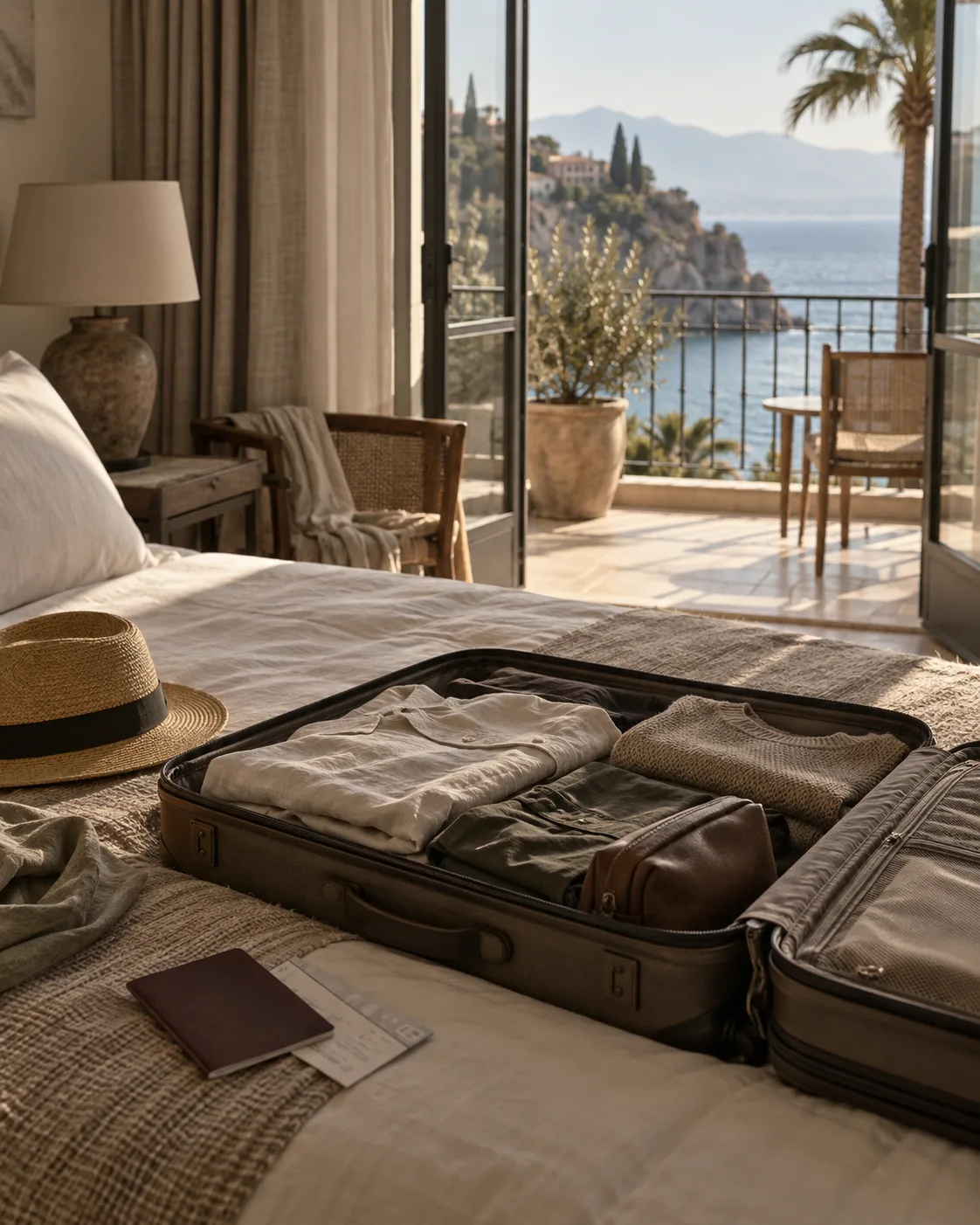 An open suitcase part-packed on a hotel bed, balcony doors open to the sea beyond