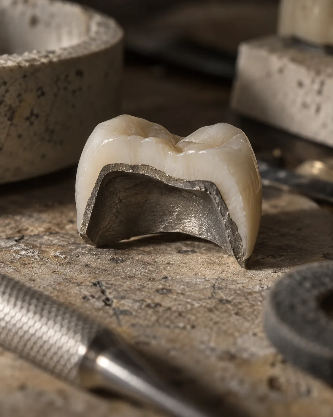 Uma coroa metalocerâmica em corte, com o núcleo metálico visível sob a cerâmica
