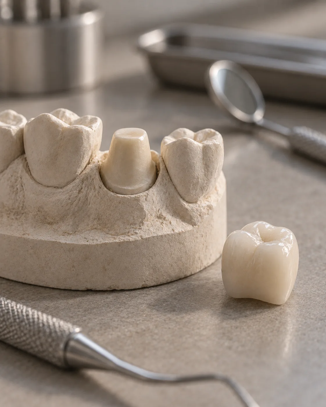 A prepared tooth on a plaster model with its finished zirconia crown standing beside it