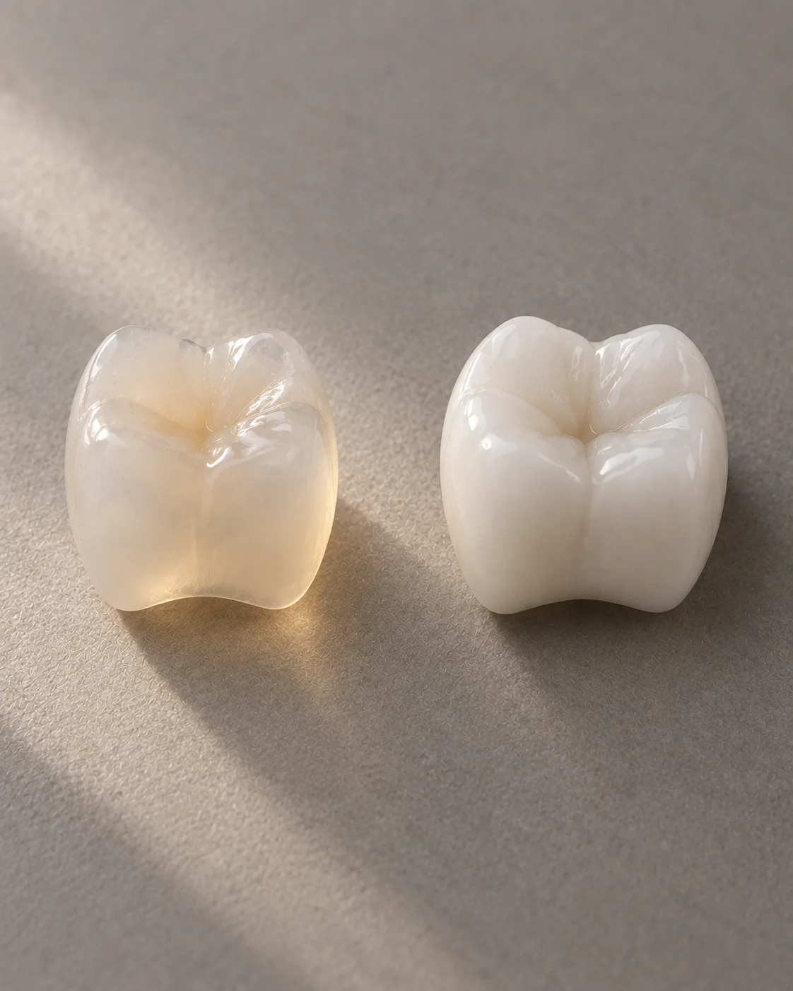 An E-max crown and a zirconia crown side by side, daylight passing through the E-max