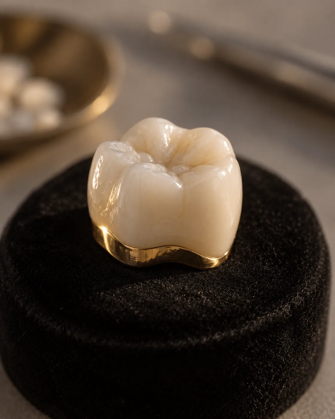 A gold-ceramic molar crown on a black velvet pad, its gold collar catching the light