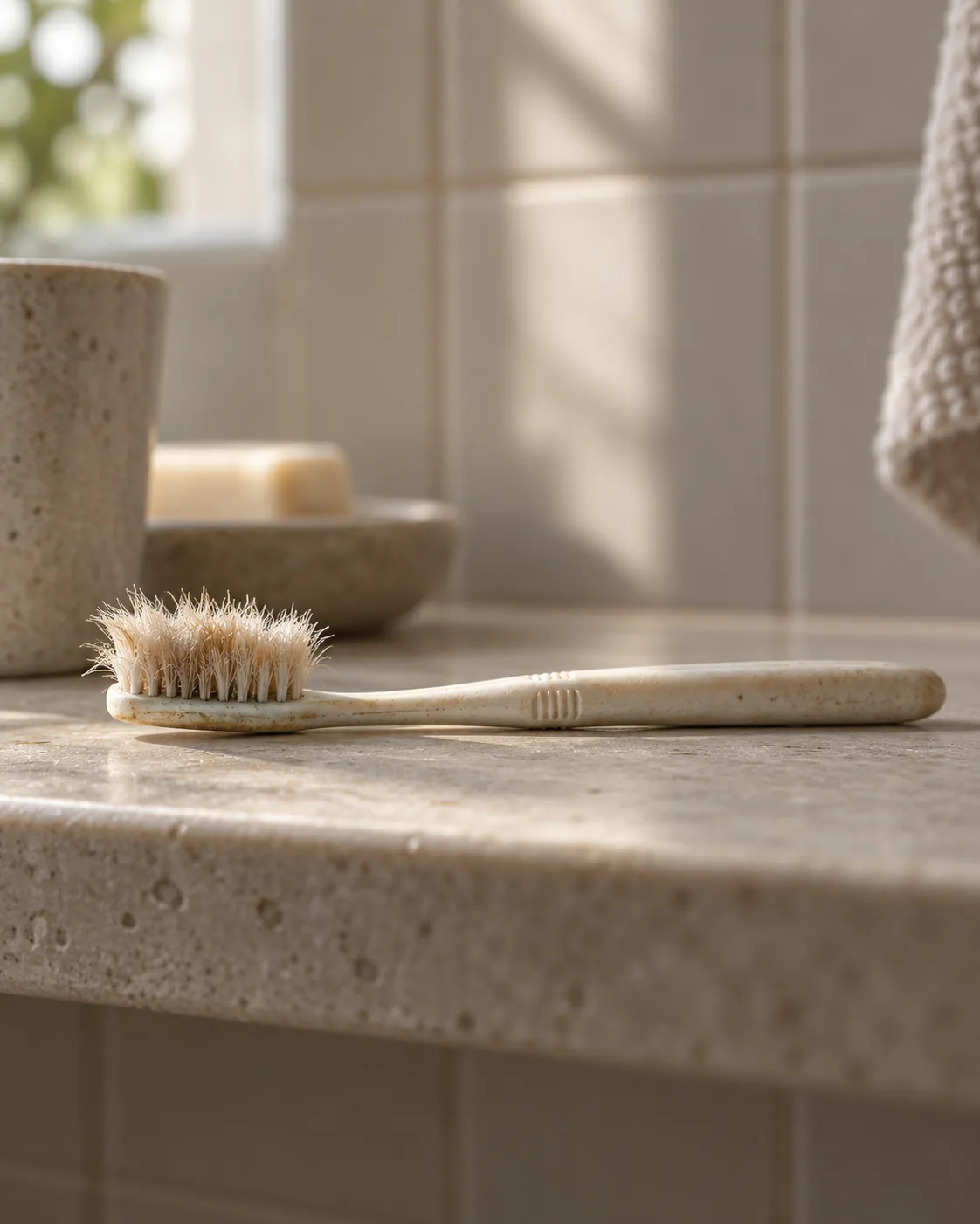 A toothbrush with worn, splayed bristles on a bathroom shelf in morning light