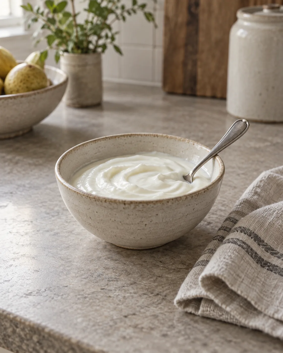 A bowl of chilled yoghurt with a spoon resting in it on a kitchen counter