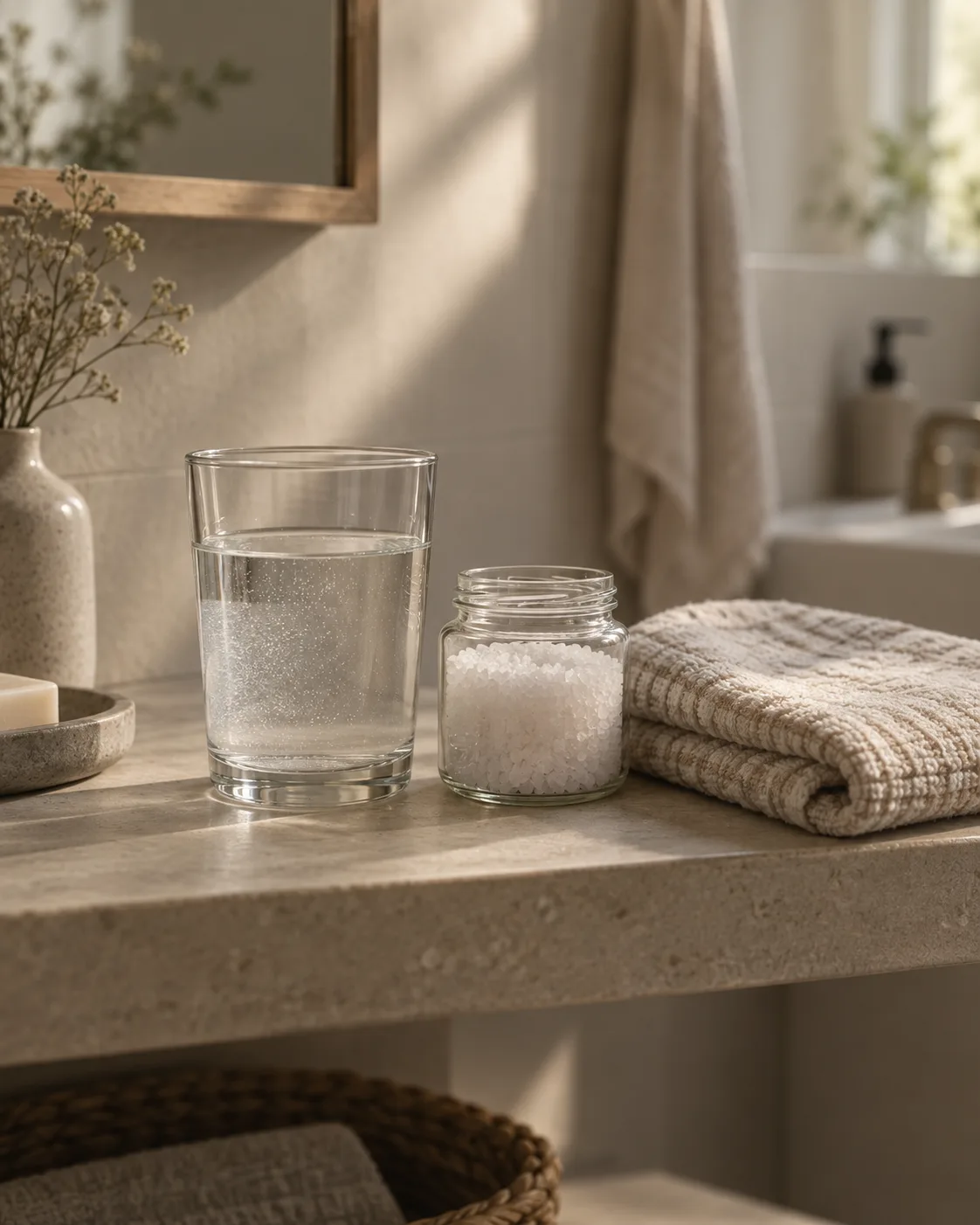 A glass of salt water, a jar of salt and a folded flannel on a bathroom shelf