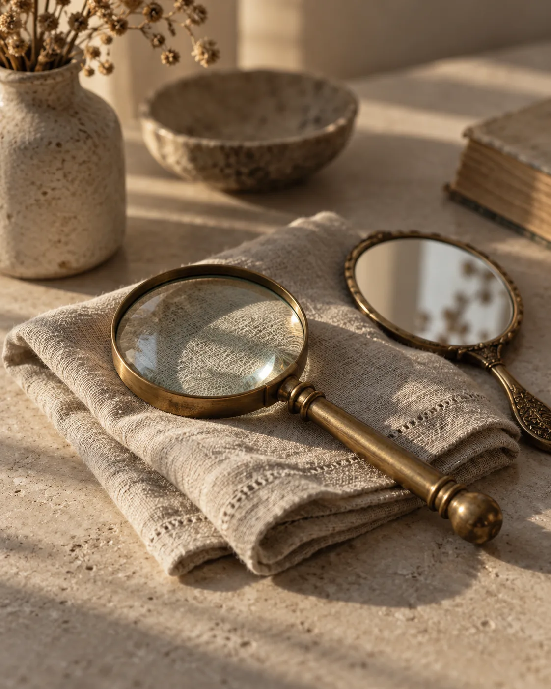 A brass magnifying glass on folded linen beside a small hand mirror