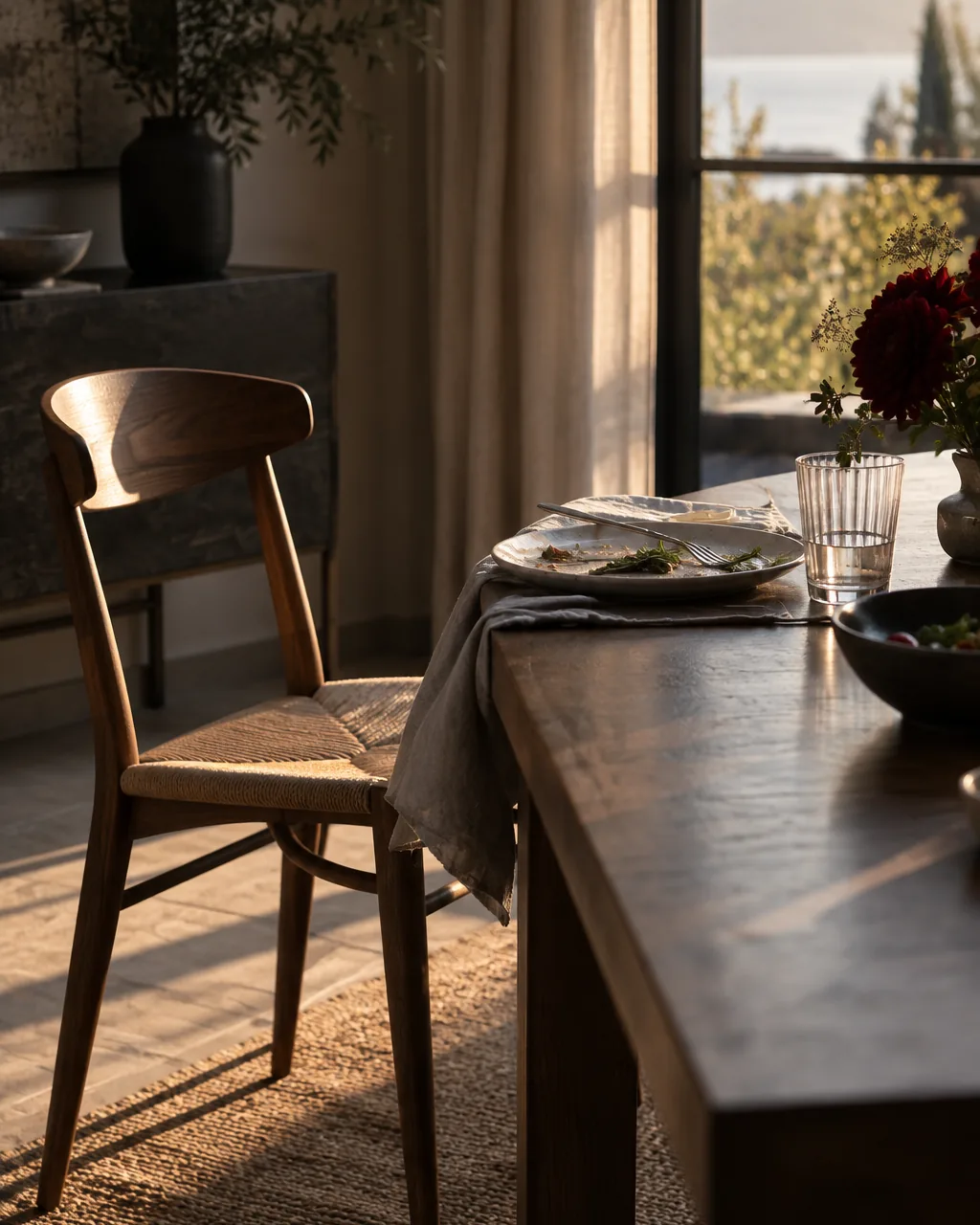 An empty chair pushed back from a table with a barely-touched plate on it