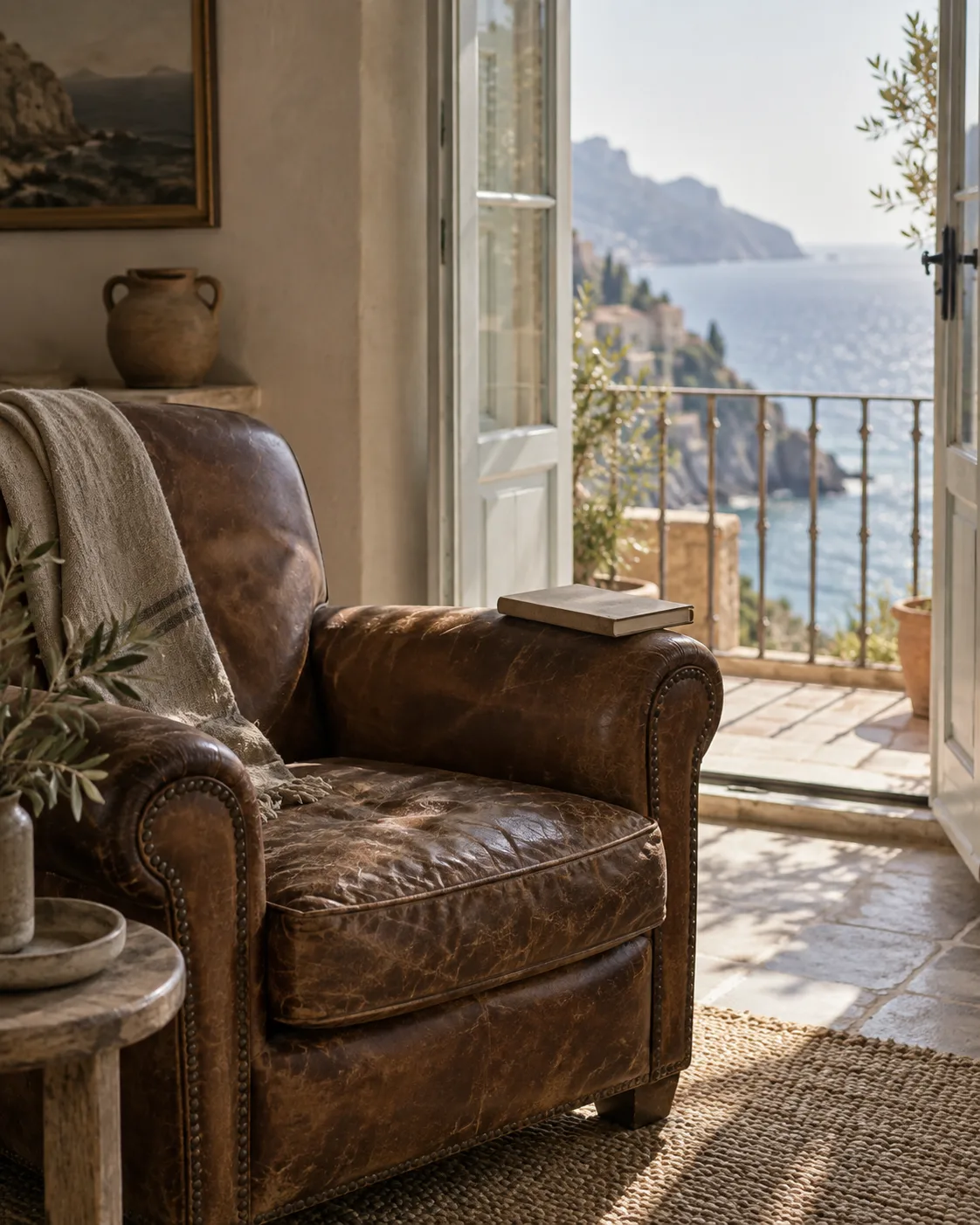 A worn leather armchair beside an open balcony door, a book face-down on the arm