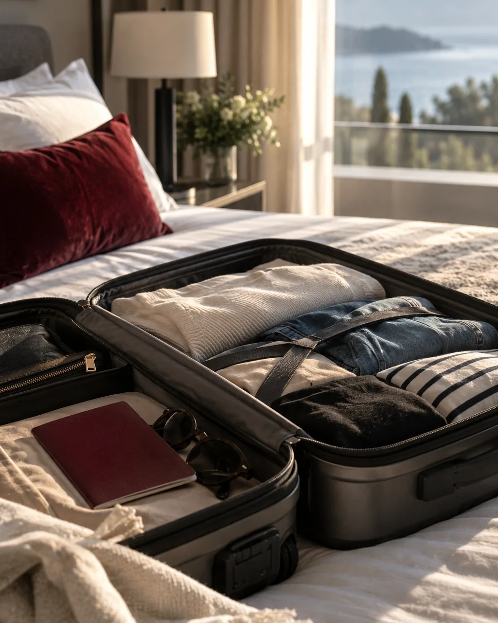 An open cabin bag part-packed on a bed, a passport and sunglasses beside the clothes