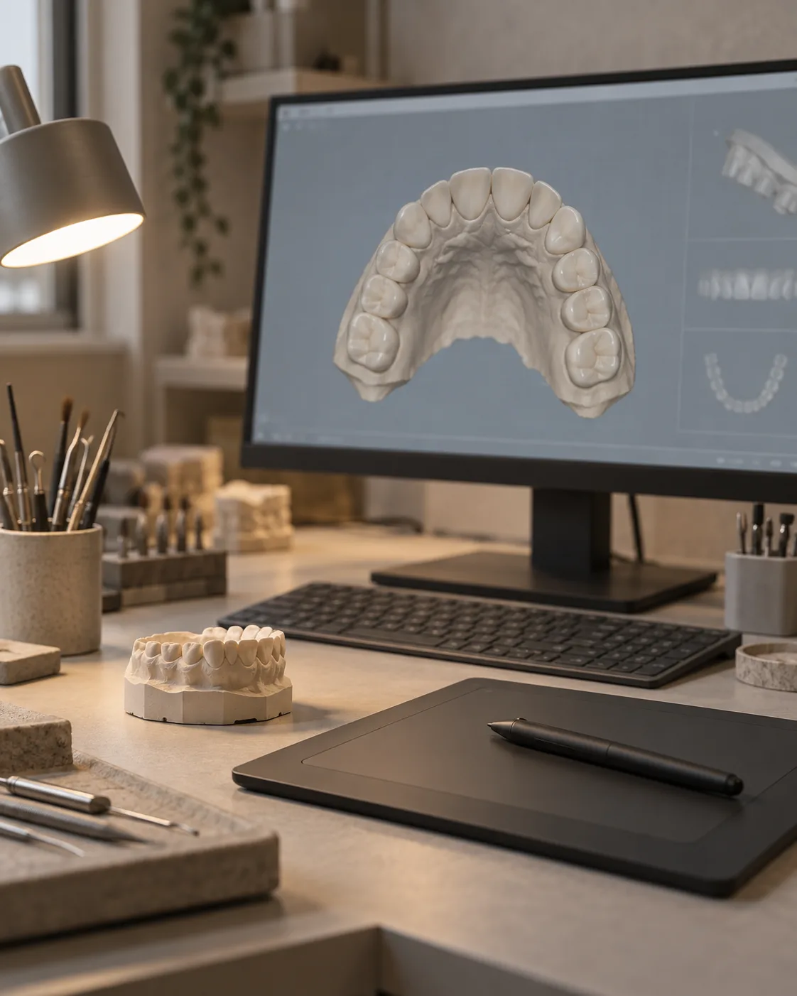 A technician's desk with a monitor showing a digital design of an upper arch, a stylus tablet in front of it