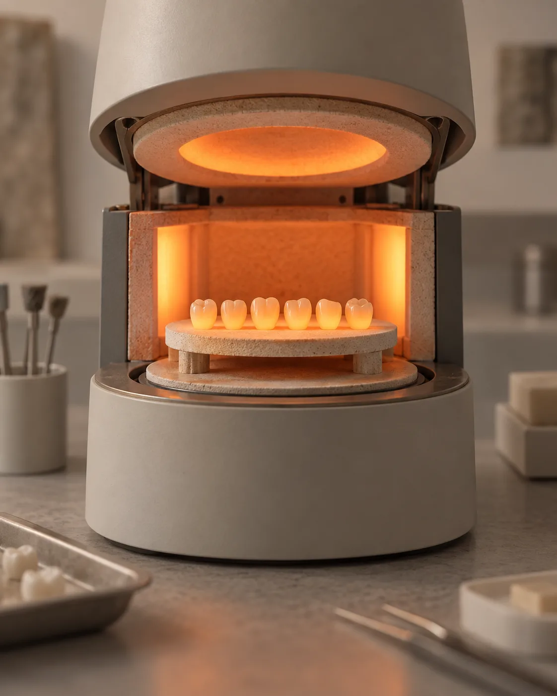 A porcelain furnace with its lid open and six crowns glowing on the firing tray