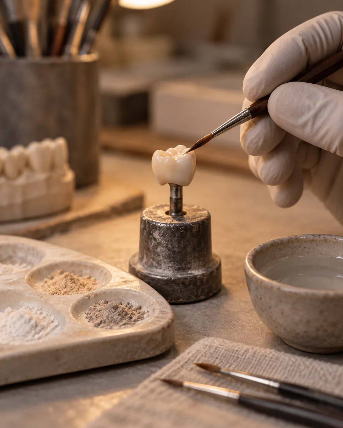 A gloved hand painting porcelain onto a crown with a fine brush, a palette of powders beside it