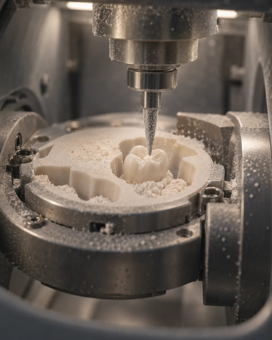 A milling burr carving a crown out of a zirconia disc, fine white dust around it