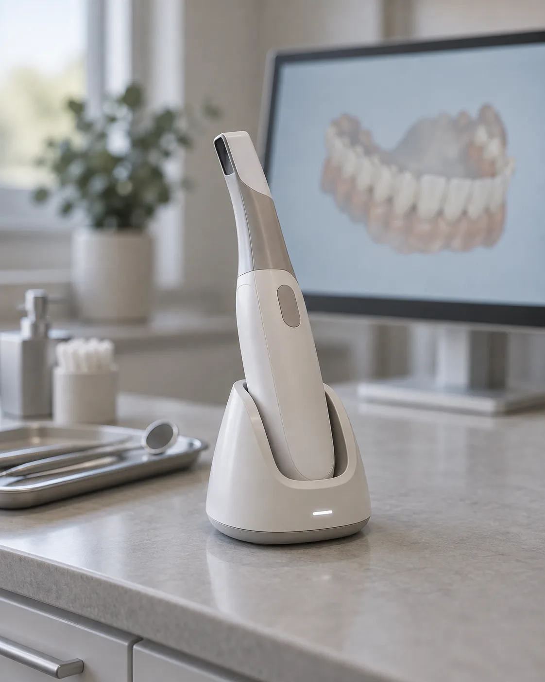 An intraoral scanner wand in its cradle beside a screen showing a digital model of the teeth