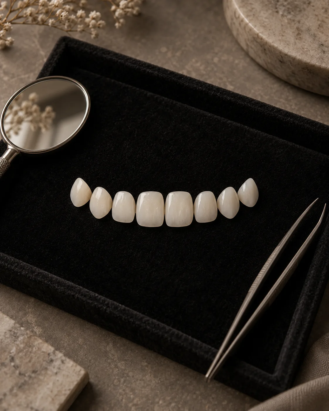 Eight finished veneers laid in an arc on a black velvet tray beside tweezers and a hand mirror