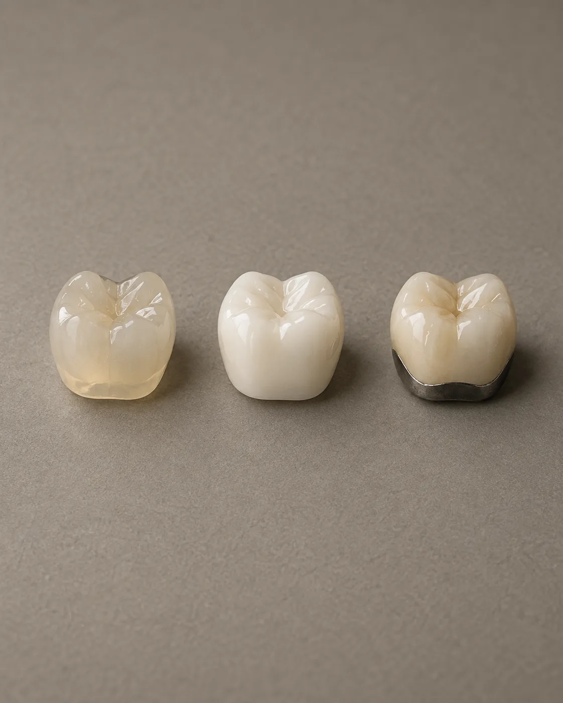 Three crowns side by side: translucent glass-ceramic, bright zirconia and metal-ceramic with its dark collar