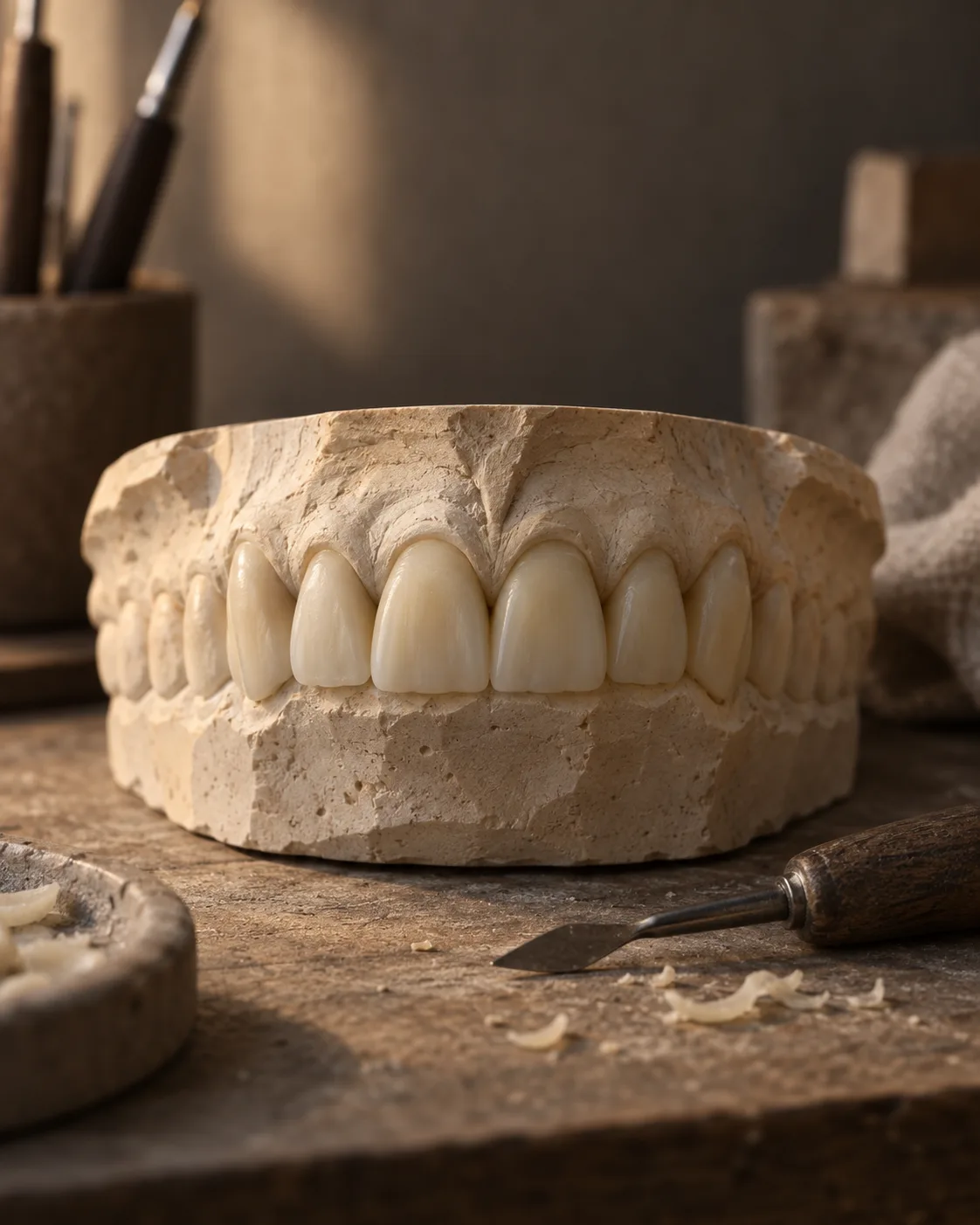 A trial smile built in wax on a plaster model, a carving tool beside it on the bench