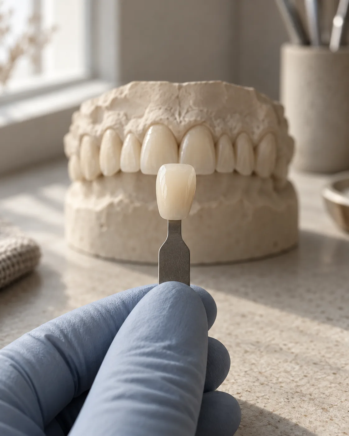 A gloved hand holding a single shade tab in front of a plaster model of the teeth to check the colour match