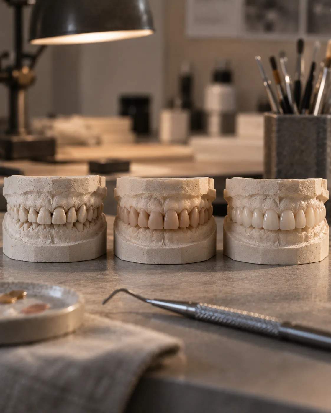 Three stages of one smile side by side: a plaster model, a wax-up of the design, and the finished veneers