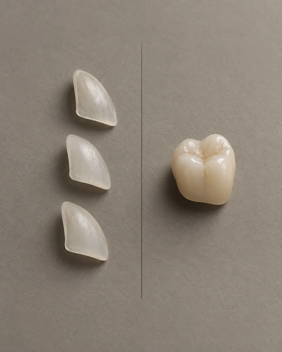 Three wafer-thin porcelain veneers and one full crown, laid out either side of a rule