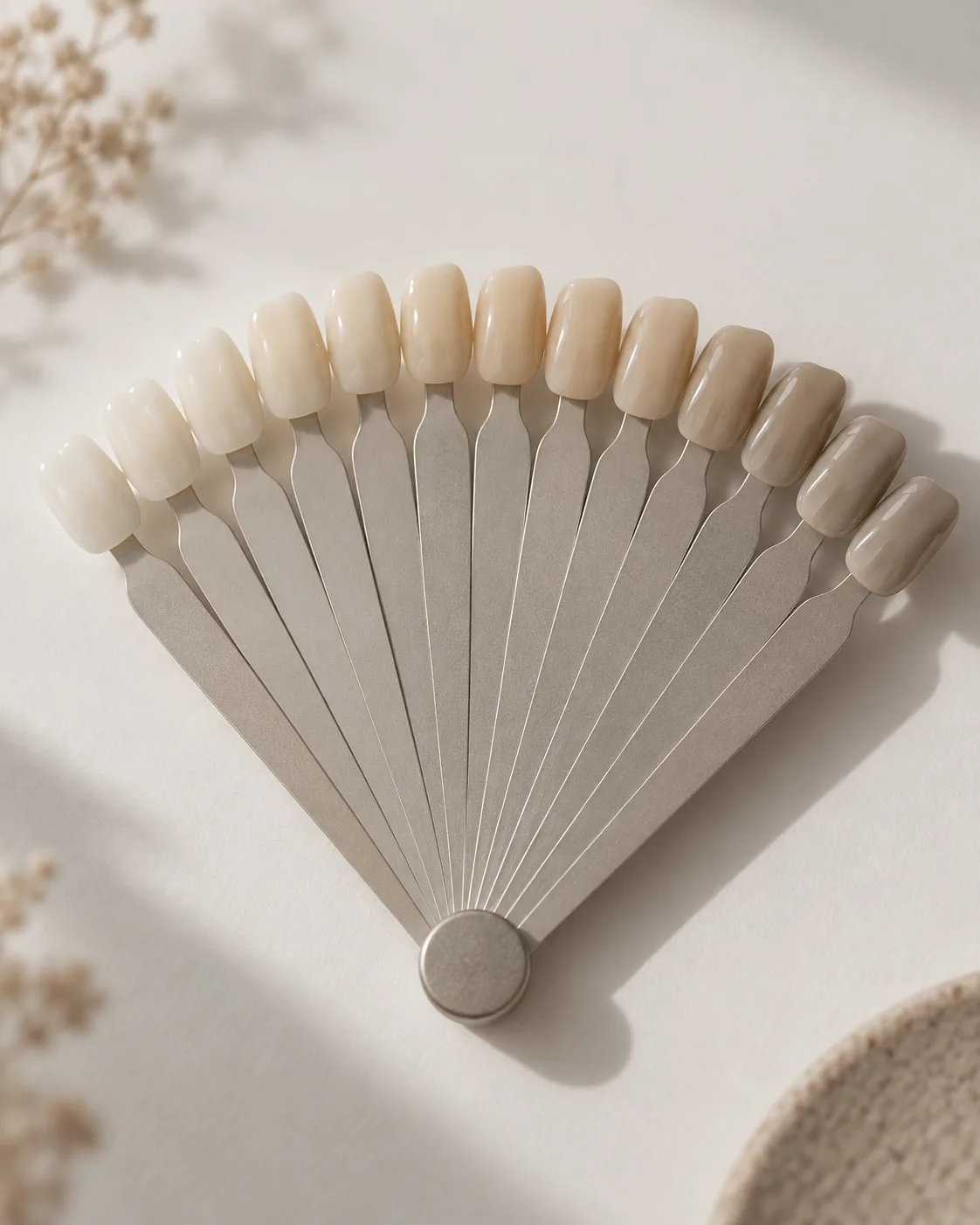 A fan of porcelain shade tabs laid out in a graduated arc