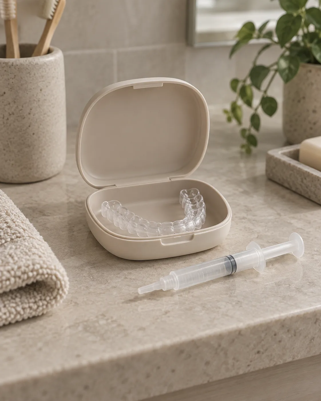 A custom whitening tray in its open case beside an unlabelled syringe of gel