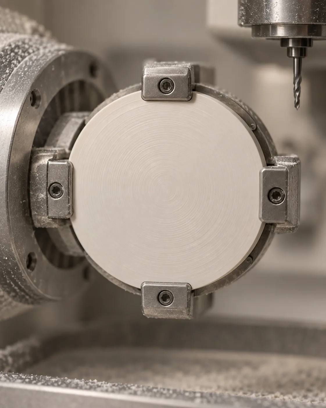 A zirconia disc held in a milling chuck, fine tool marks across its face