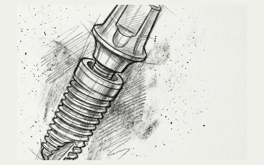Pencil study of a titanium dental implant fixture and abutment, threads and collar drawn in detail