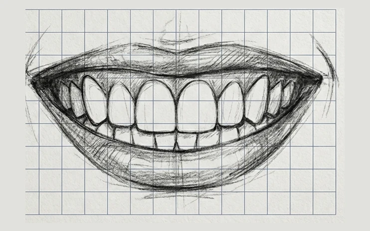 Estudio a lápiz de una sonrisa completa, arcadas superior e inferior, sobre una retícula de trazado para un diseño de sonrisa