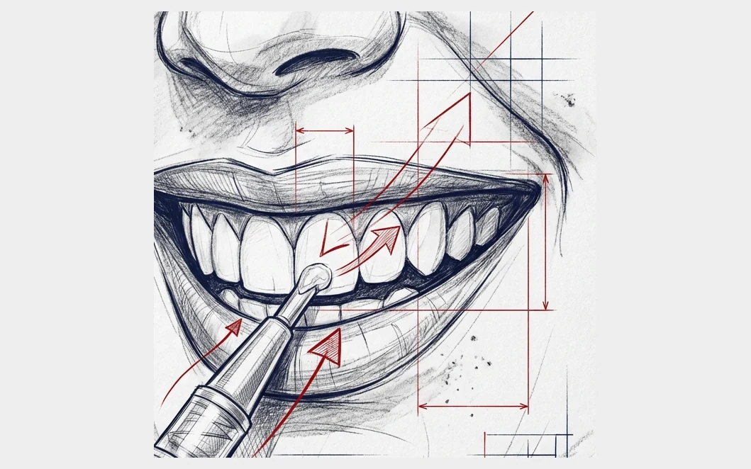 Estudio a lápiz, tipo plano técnico, de un aplicador de blanqueamiento sobre los dientes superiores, con flechas de medida