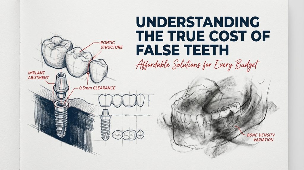Infographic explaining the true cost of dental implants and false teeth with affordable treatment options