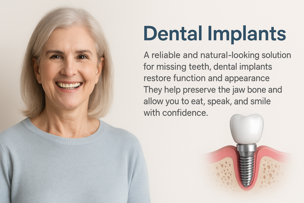 Smiling middle-aged woman with dental implant illustration, promoting reliable and natural-looking tooth replacement solutions by Opus Smile.