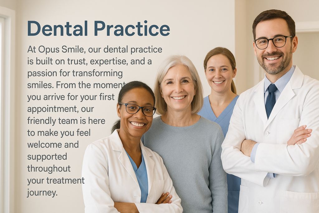 Opus Smile dental team in a warm, modern clinic setting, showcasing a welcoming environment and expert care focused on patient comfort and smile transformation.