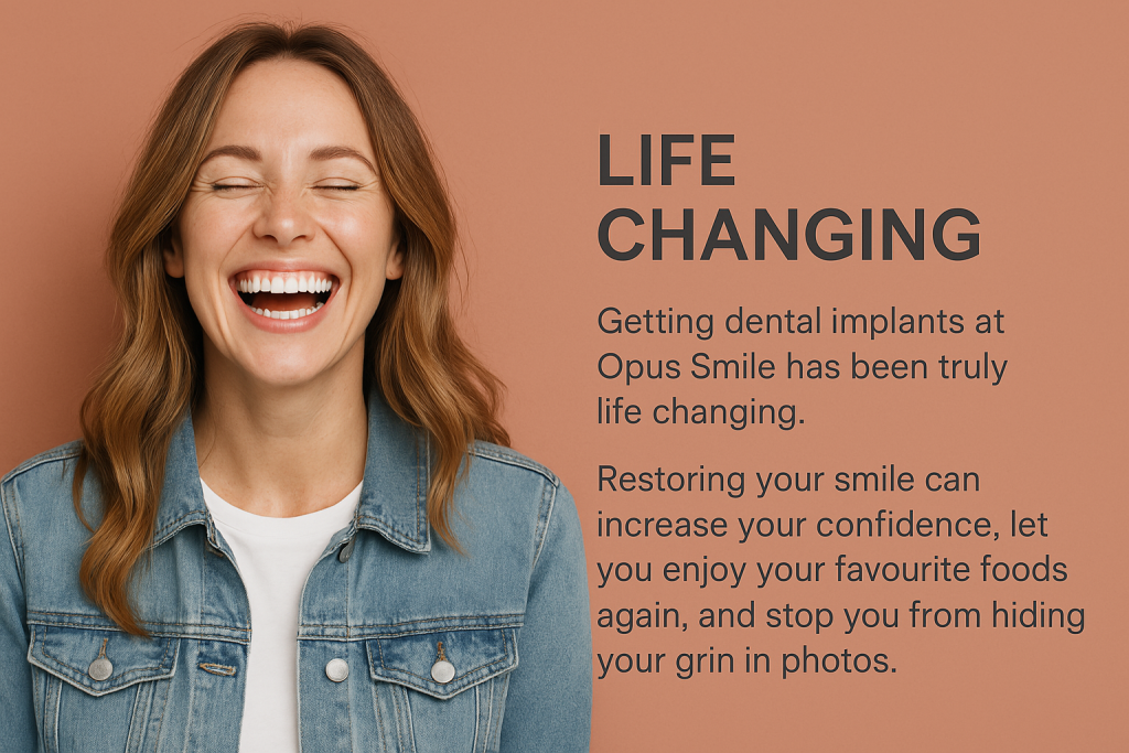 Smiling woman with radiant teeth in a lifestyle setting, promoting Opus Smile’s life-changing dental implants that restore confidence, comfort, and quality of life.